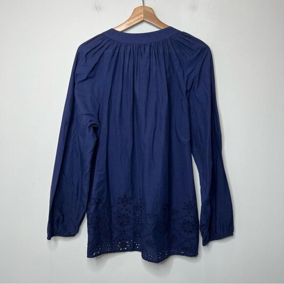 Lilly Pulitzer Womens Size Large Navy Blue Popover Cotton Blouse Eyelet Lace - Picture 2 of 7